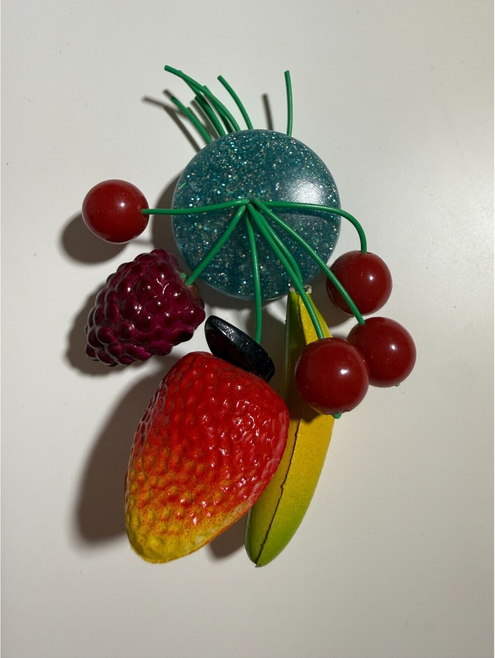 Fruit Salad Turquoise Glitter Brooch - Luxulite Fakelite Strawberry Banana Pin